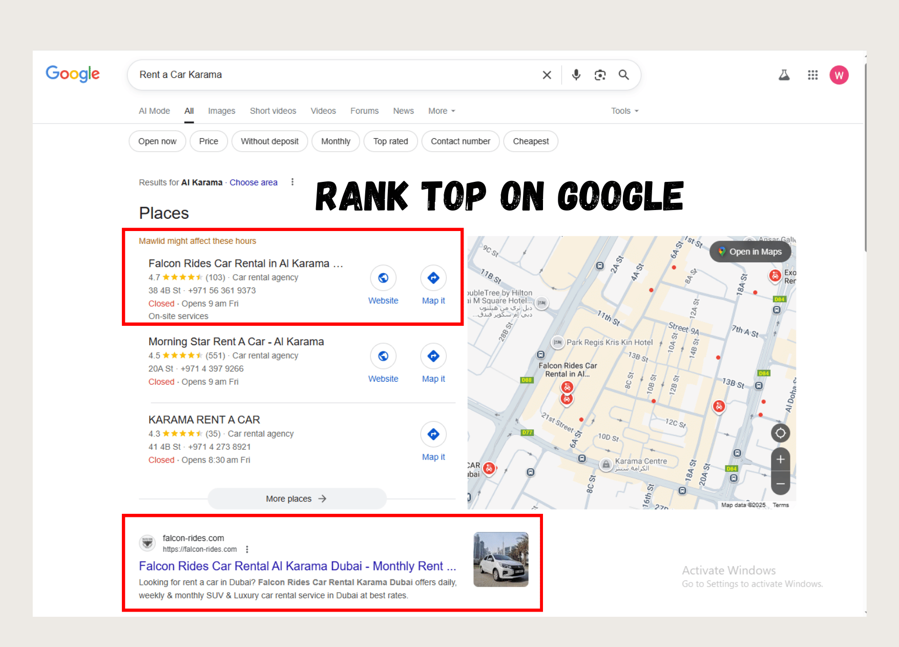 SEO Portfolio Project Example - Car Rental Website Ranking Dubai